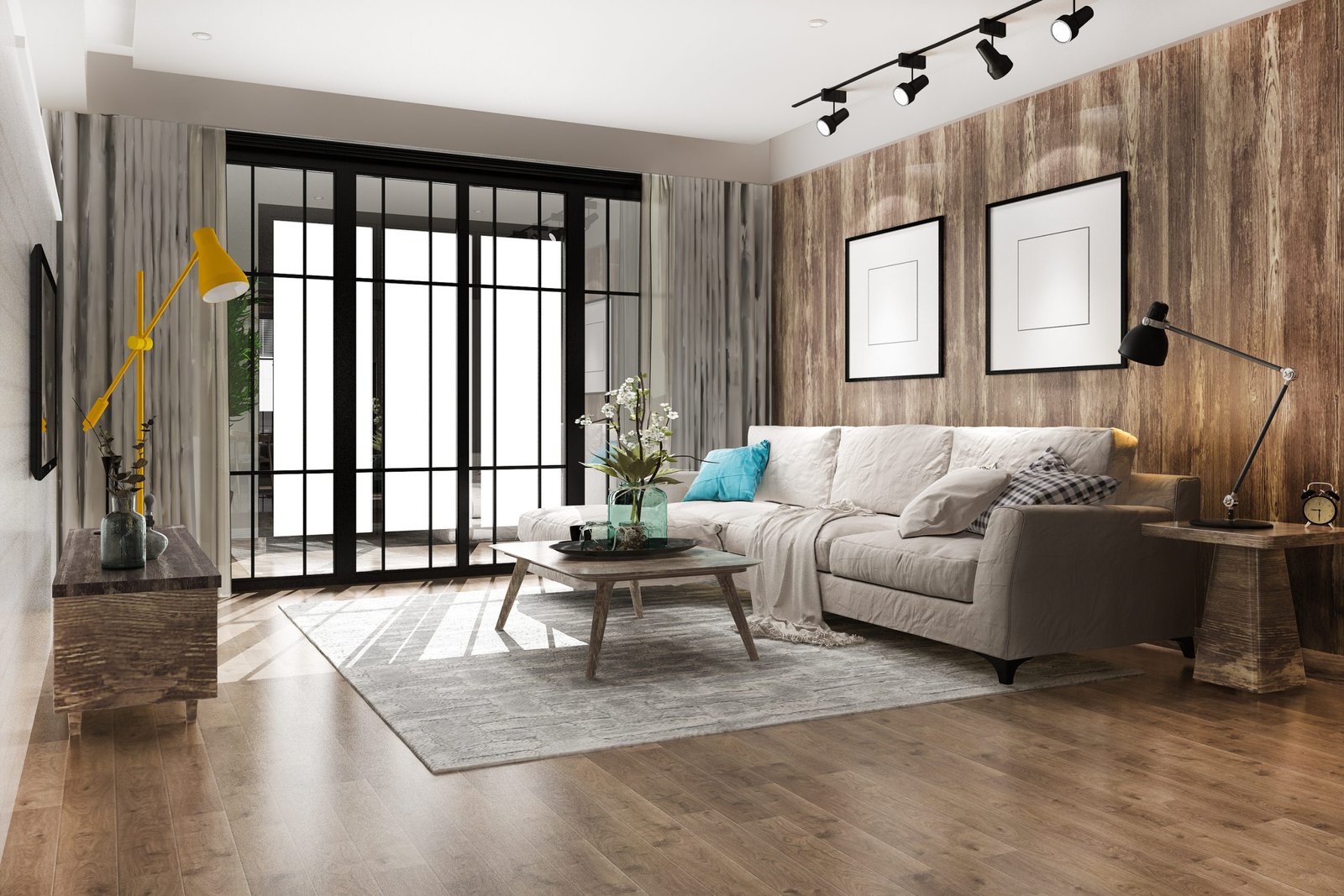 3d rendering loft luxury living room with bookshelf scaled